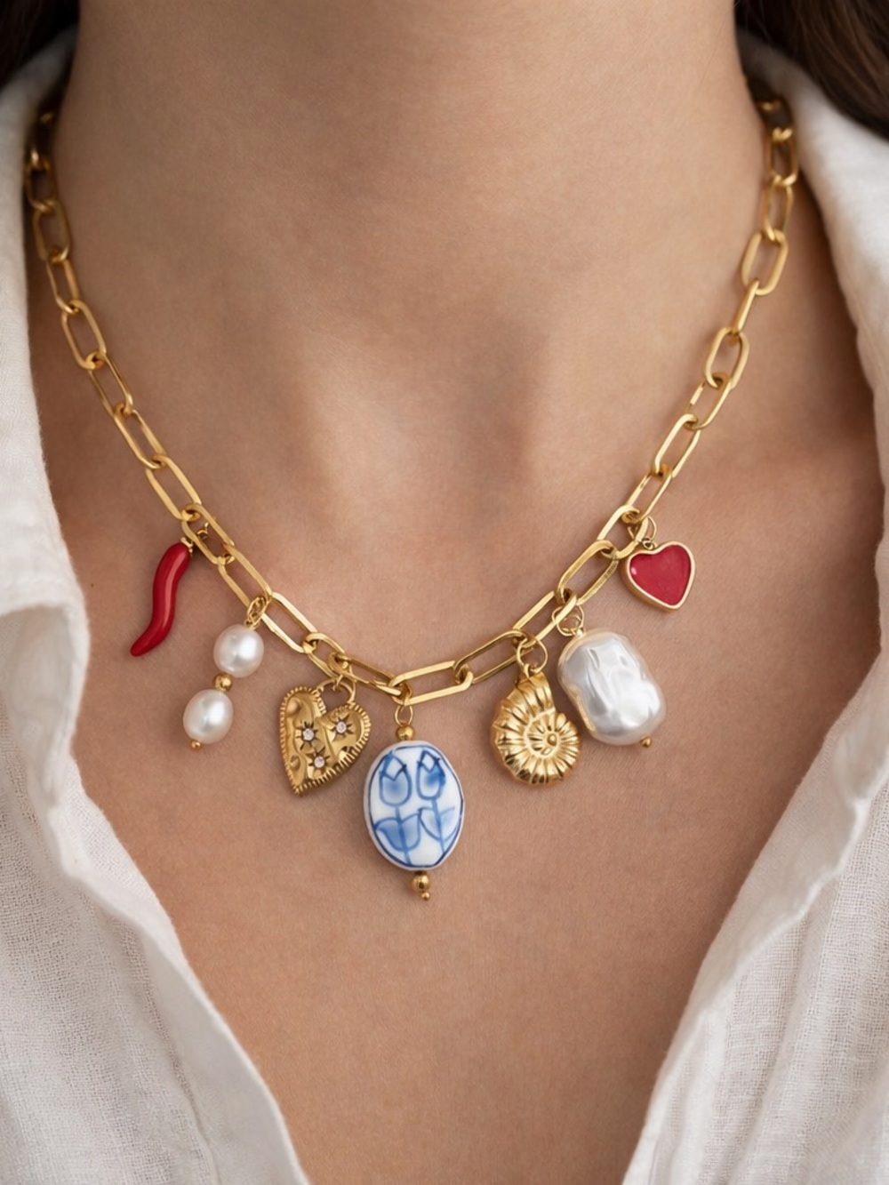 Gold Charm Necklace with Red, White & Blue Accents - Picture 3 of 4